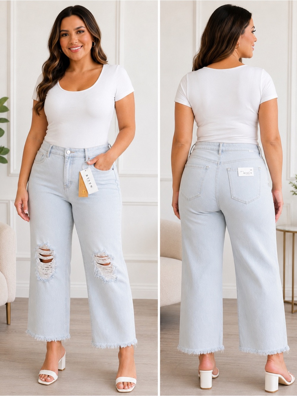 Women's Light Washed Distressed Wide Leg Jeans